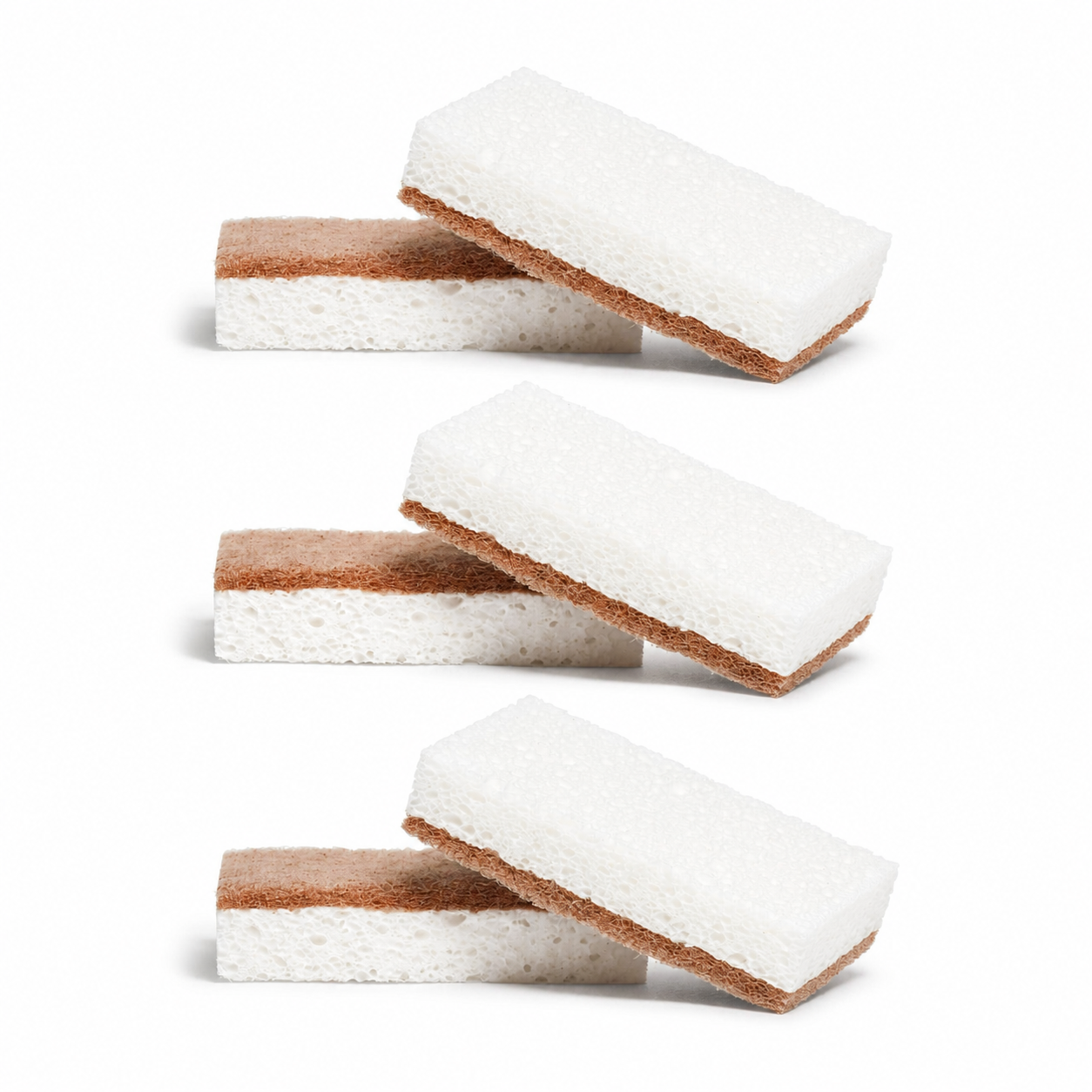 six white and brown walnut scrubber sponges