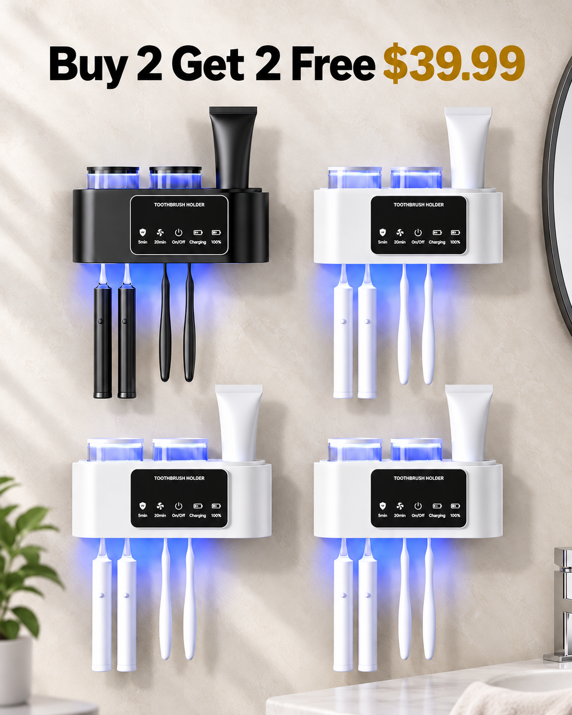 Buy 2 Get 2 Free one black three white wall mounted toothbrush holders 39.99 USD