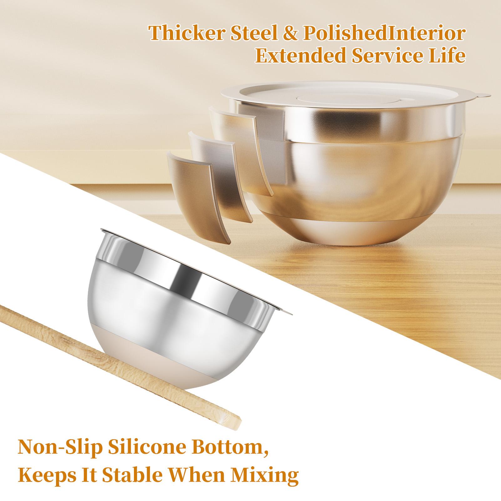polished stainless steel mixing bowl with non slip silicone bottom