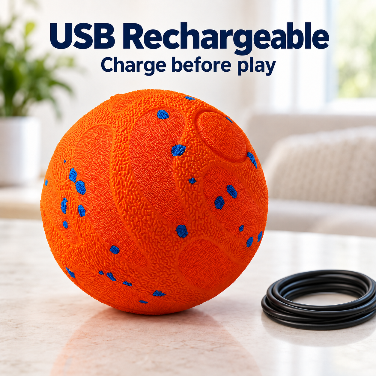 orange rechargeable interactive dog ball beside a generic coiled charging cable with connectors hidden