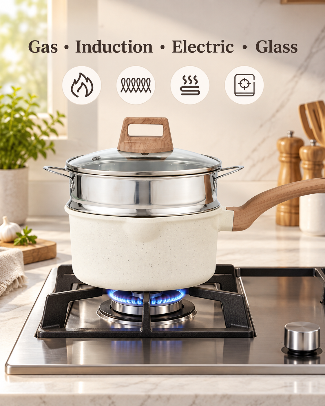 beige saucepan stainless steel steamer and glass lid on a gas stovetop