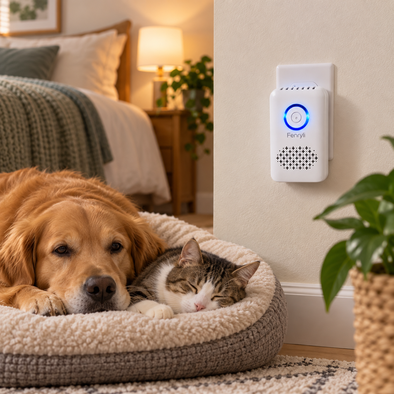 Fenryli plug in pet odor freshener used in a pet friendly bedroom space
