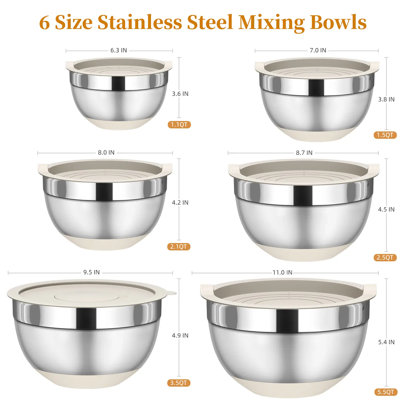 six stainless steel mixing bowl sizes from 1.1QT to 5.5QT