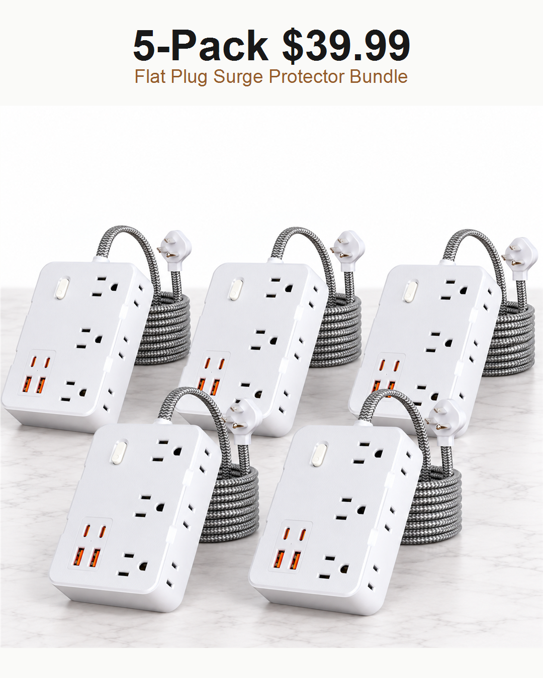5 pack white flat plug surge protector power strips 39.99 USD