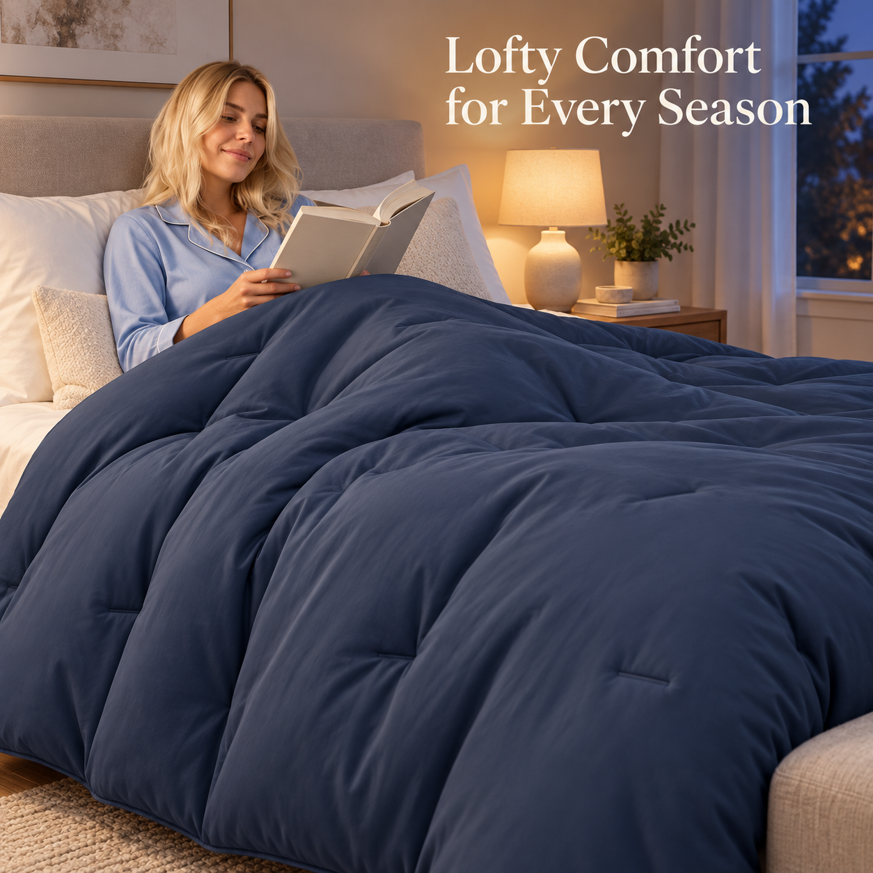 Nightfall blue lofty comforter used in a calm evening bedroom