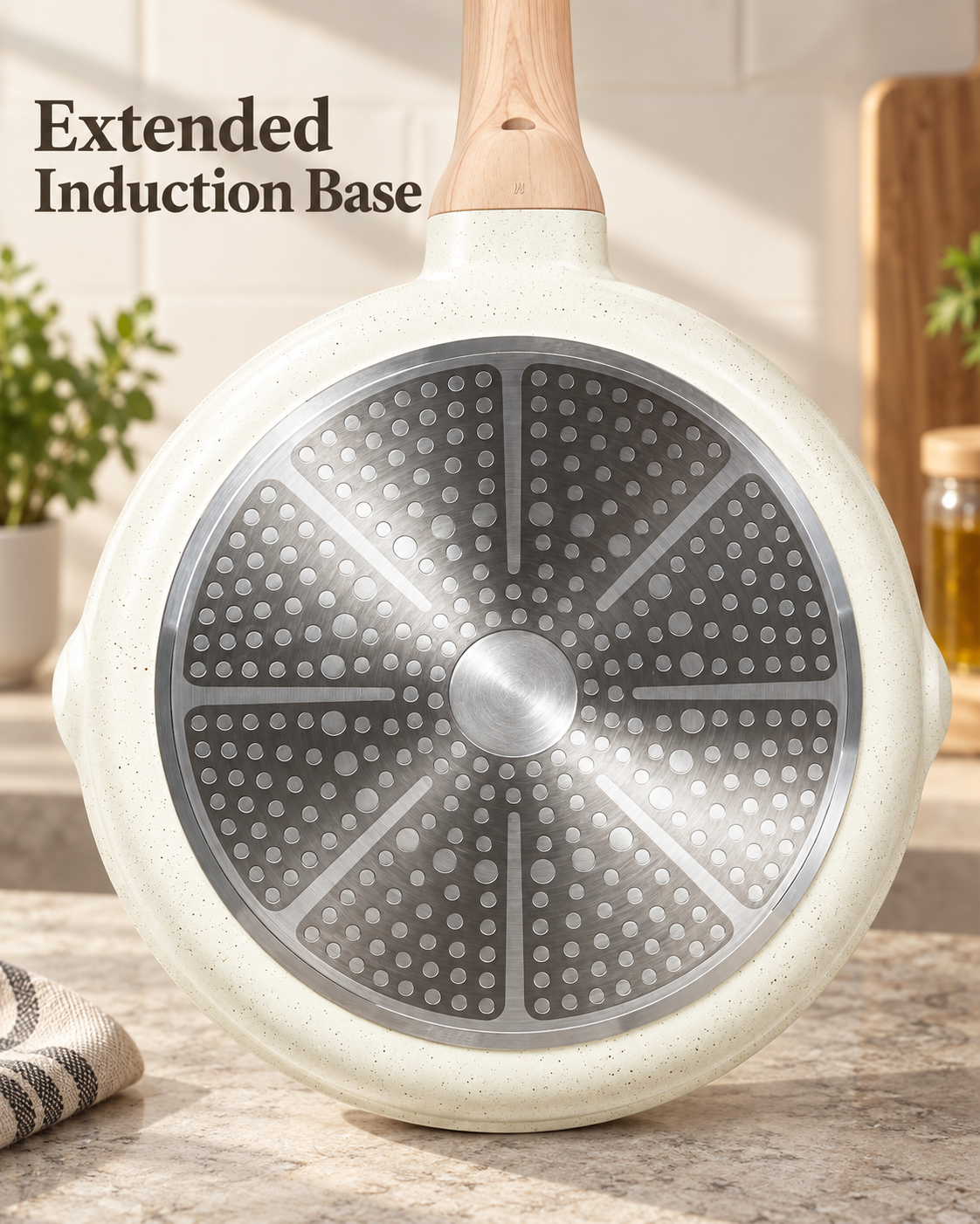 round silver induction base with eight radial dot pattern sectors