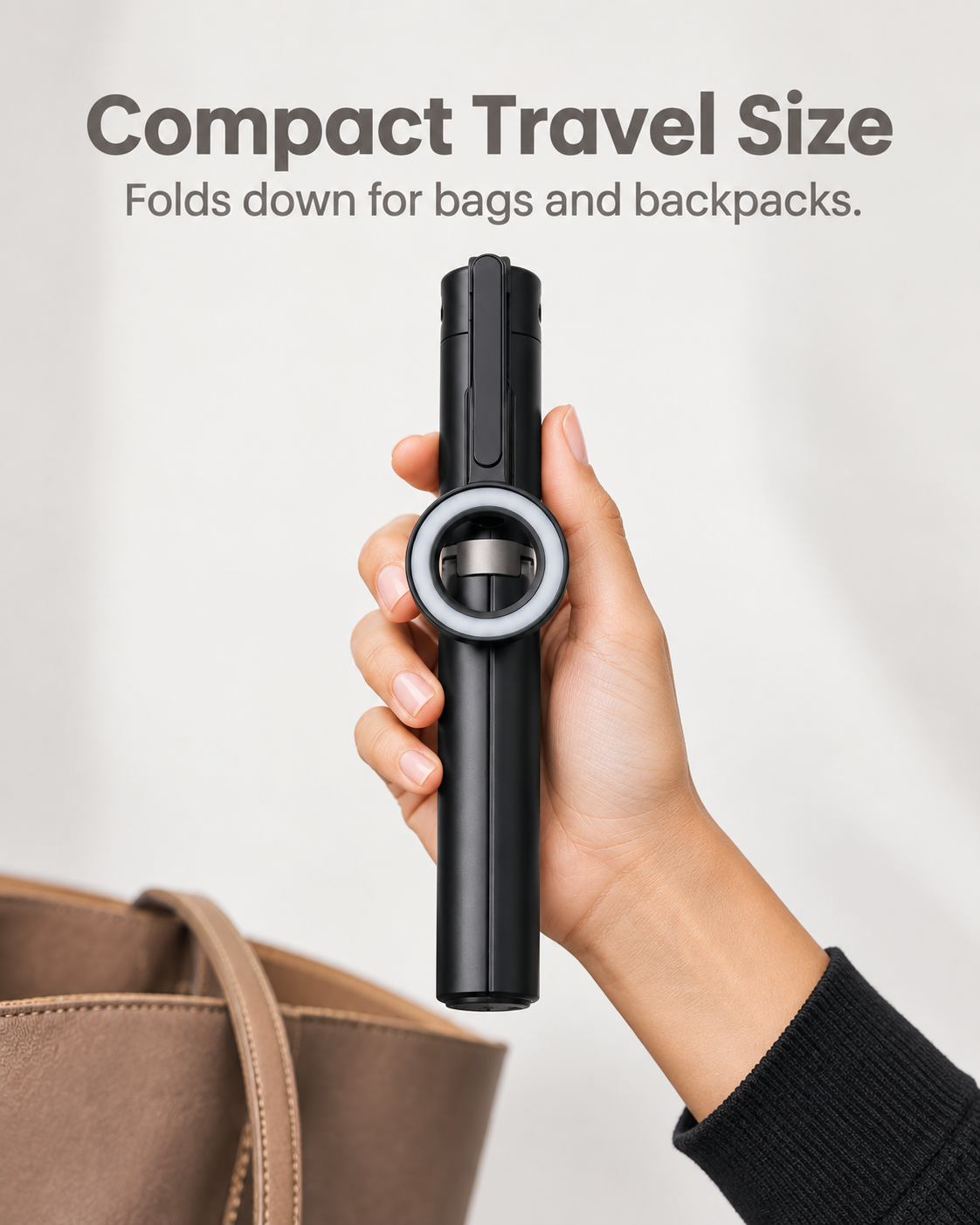 folded magnetic phone tripod with HaloGlow light compact travel size