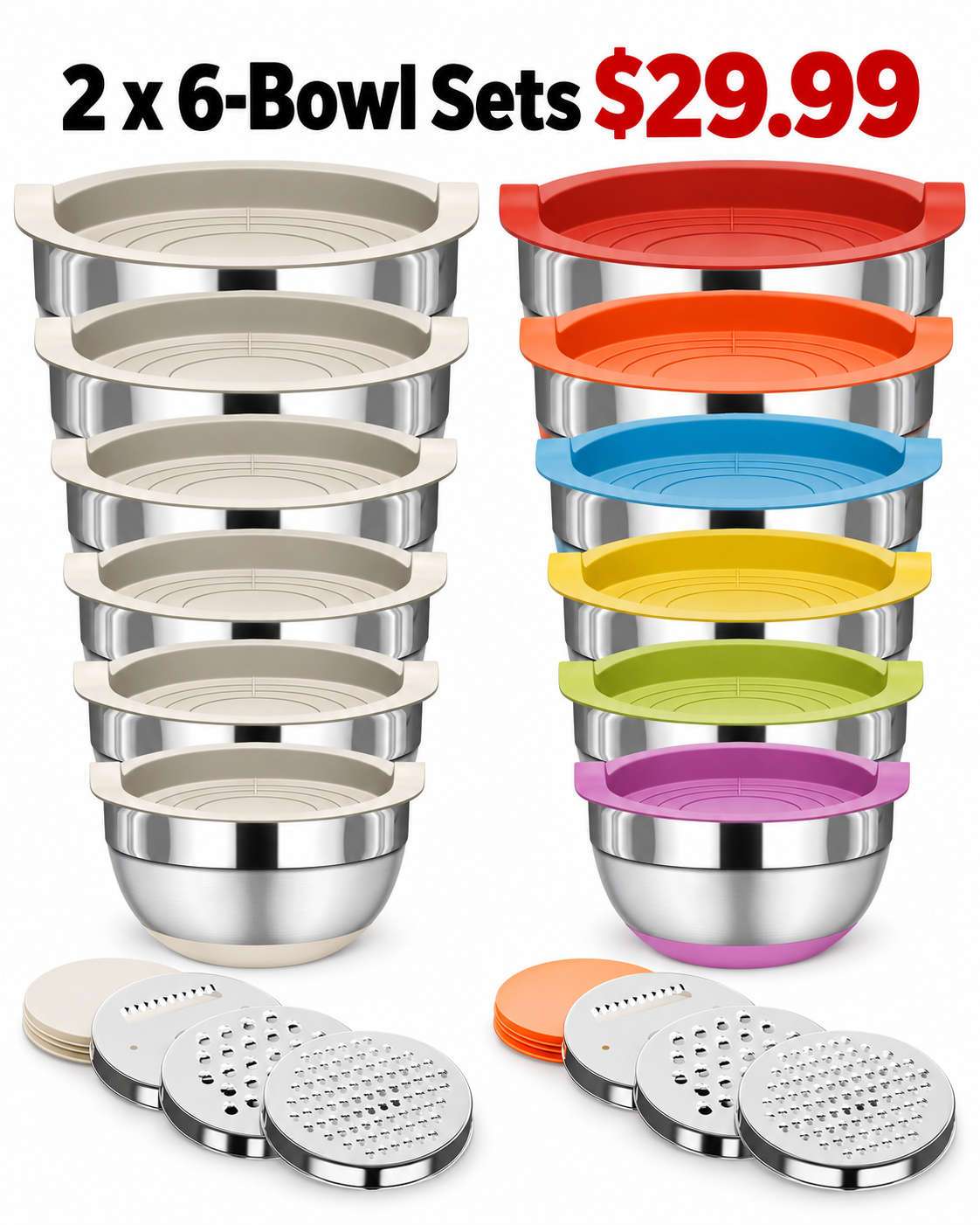 Khaki plus Colorful 2 complete 6 bowl stainless steel mixing bowl sets 29.99 USD