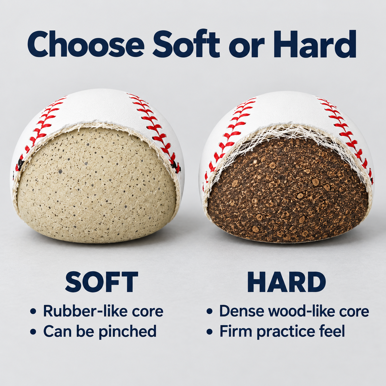 soft rubber like core and hard dense wood like core options