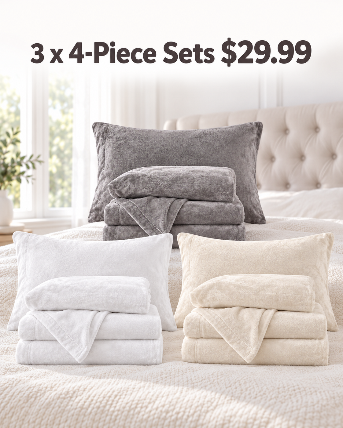 3 sets gray white cream 4 piece velvet plush flannel sheet bundle 29.99 USD