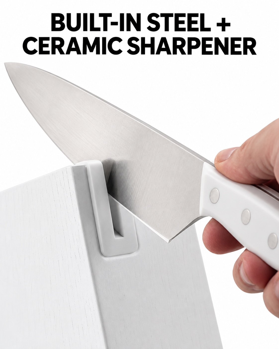 knife blade used with integrated steel and ceramic sharpener in white block
