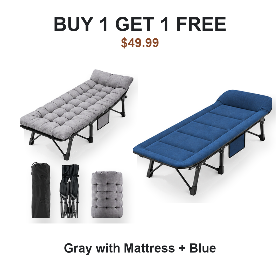 Buy one get one free camping cot pair: Cot #1 Gray with Mattress, Cot #2 Blue