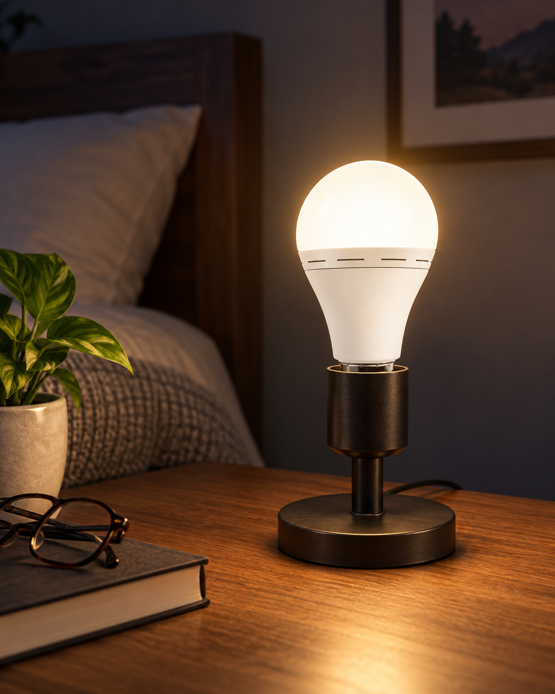 rechargeable LED emergency bulb lighting a bedside lamp during a power outage