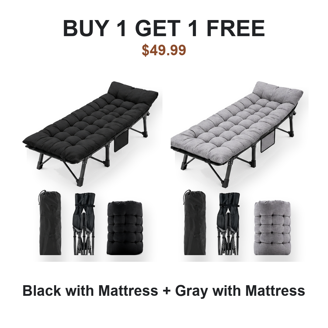 Buy one get one free camping cot pair: Cot #1 Black with Mattress, Cot #2 Gray with Mattress