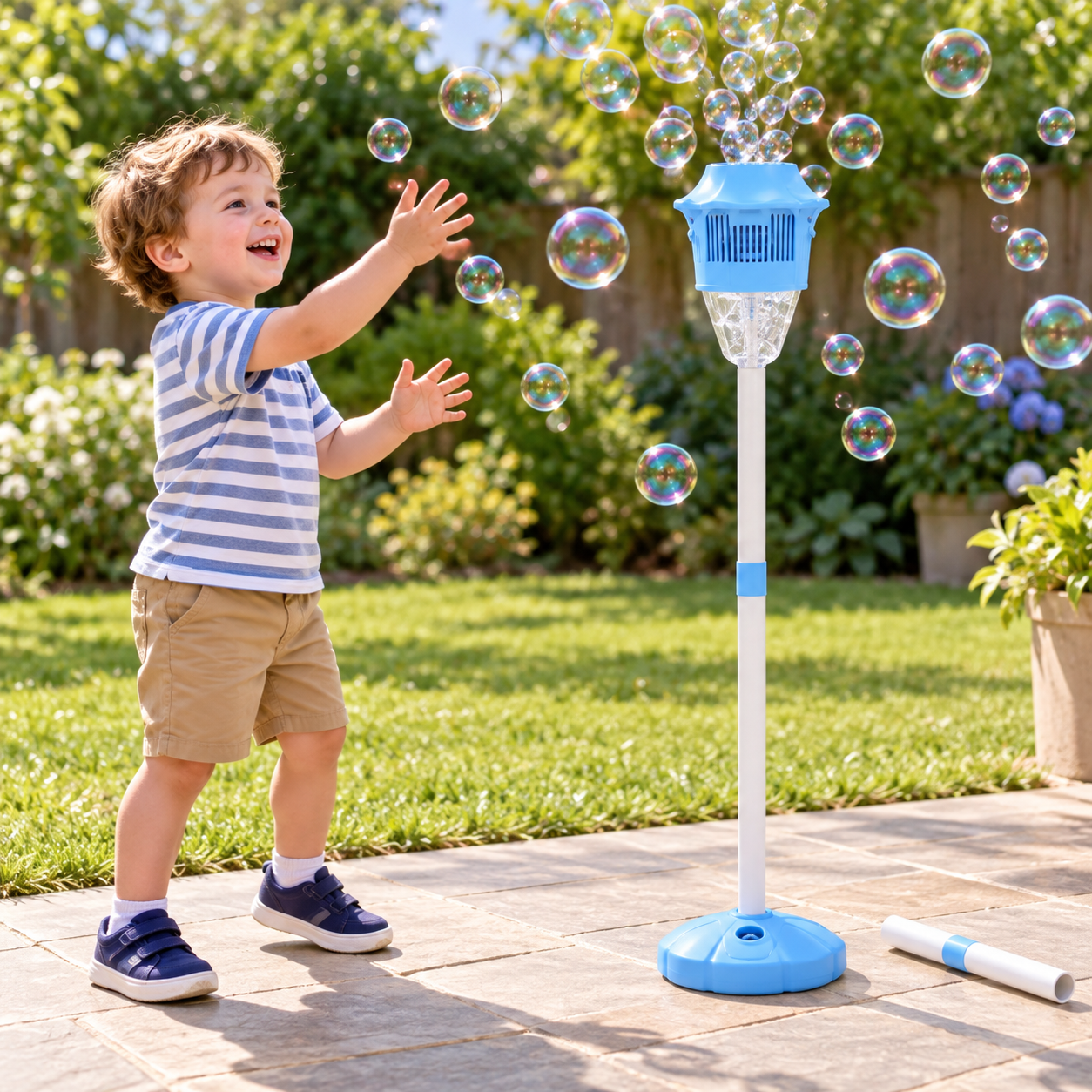 standing bubble maker toy at adjustable height outdoors
