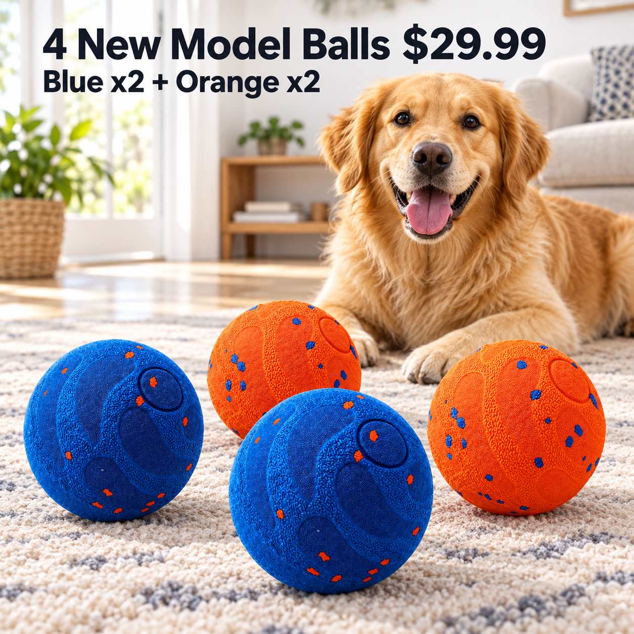 four New Model interactive dog balls in mixed bundle with two blue and two orange for 29.99 USD