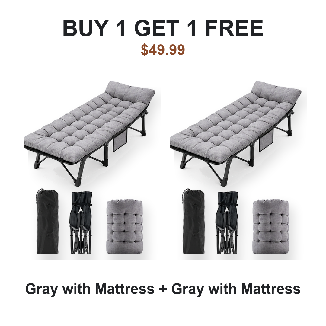 Buy one get one free camping cot pair: Cot #1 Gray with Mattress, Cot #2 Gray with Mattress