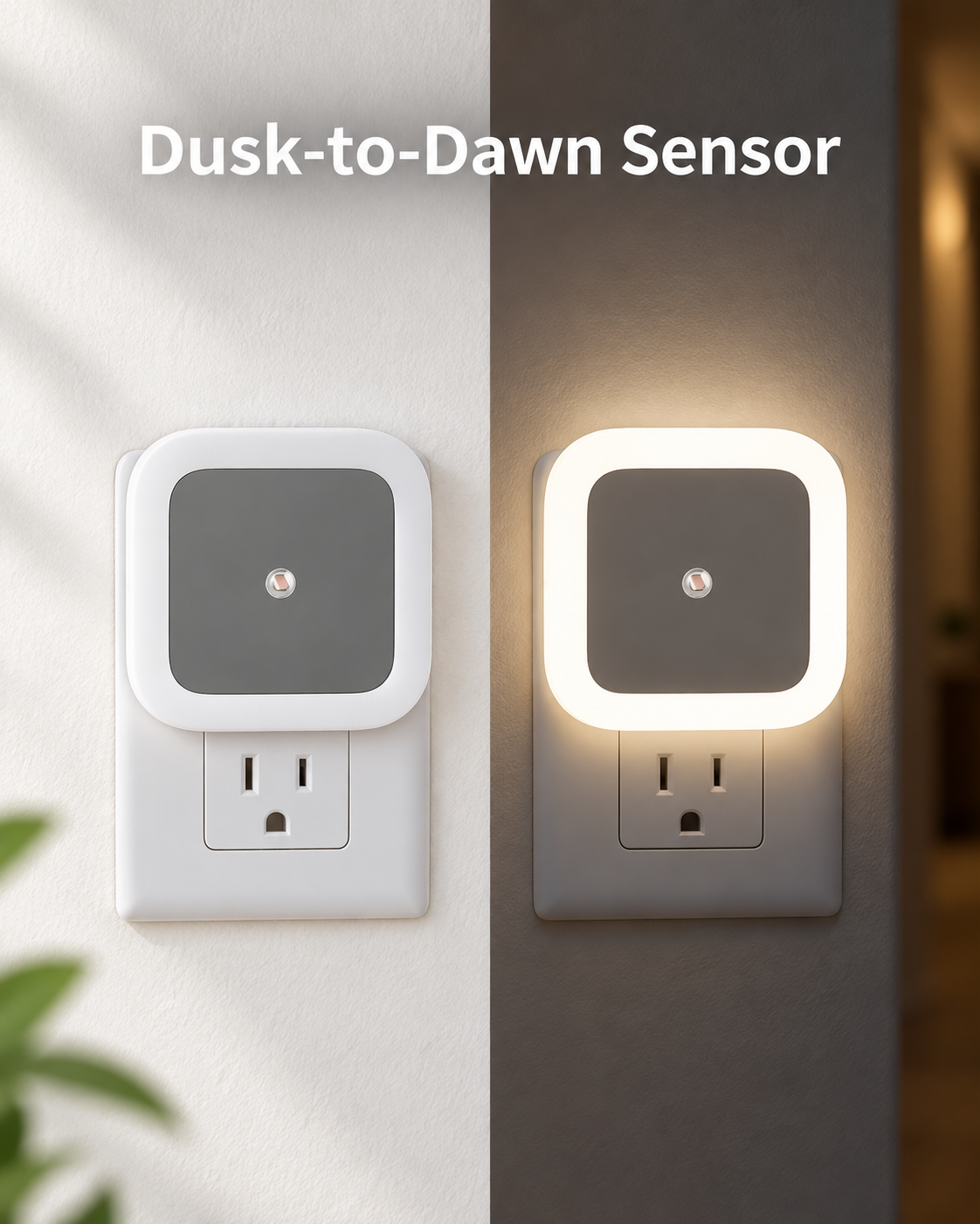 rounded square plug in LED night light showing dusk to dawn sensor day and night use