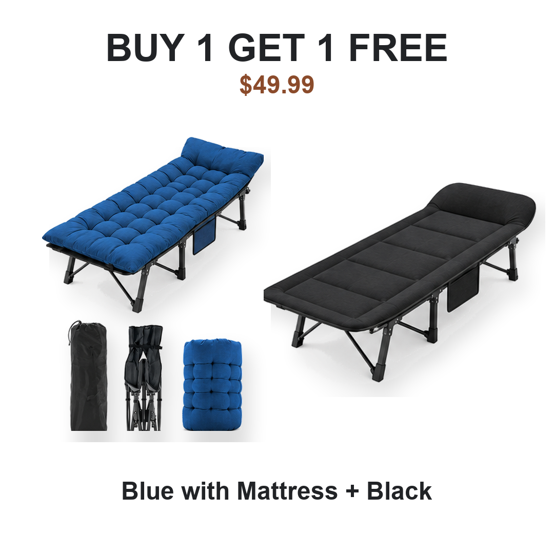 Buy one get one free camping cot pair: Cot #1 Blue with Mattress, Cot #2 Black
