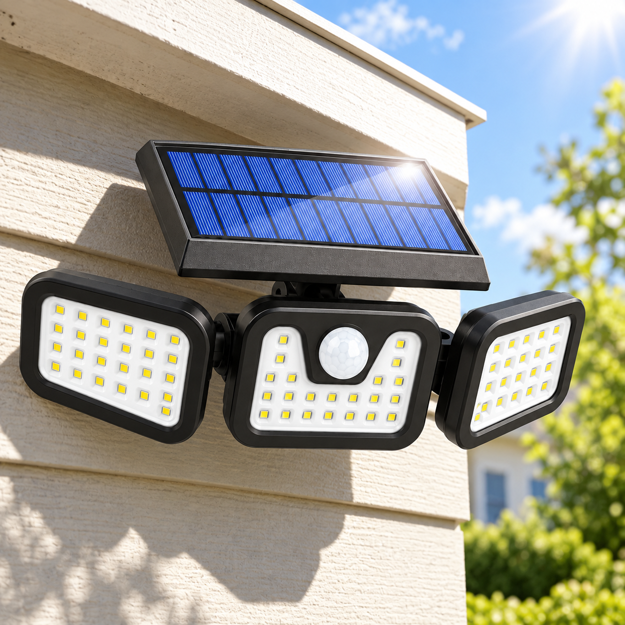 top solar panel charging in daylight on outdoor wall light