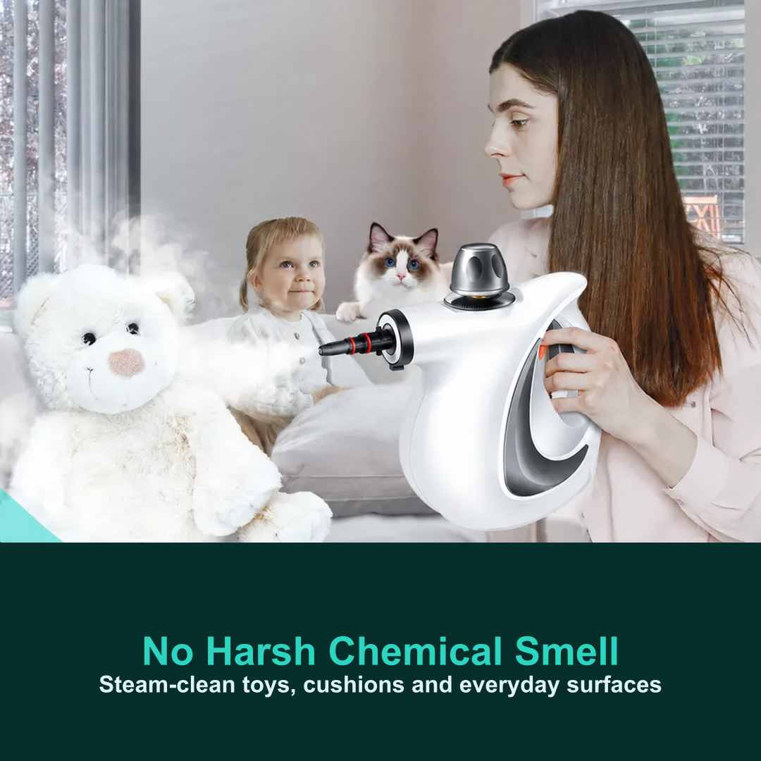 handheld steam cleaner used around toys and cushions without harsh cleaner smell