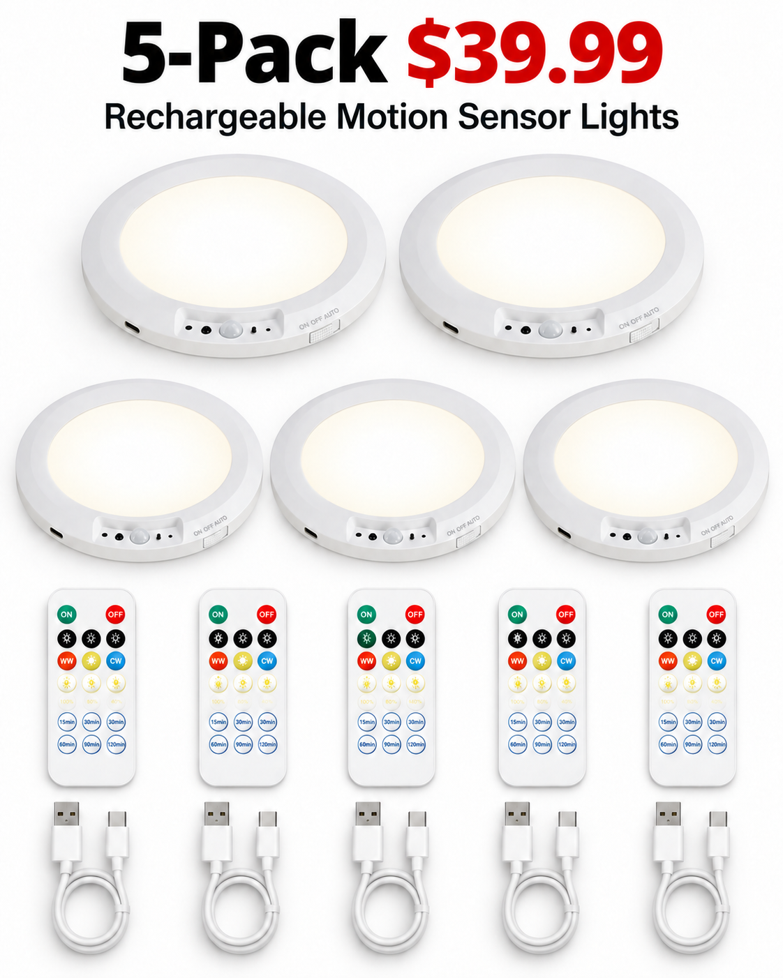 5 pack rechargeable motion sensor ceiling lights with remotes and USB C cables for 39.99 USD