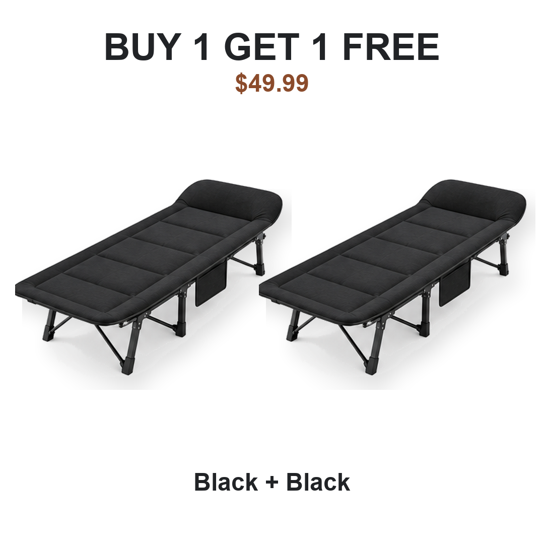 Buy one get one free camping cot pair: Cot #1 Black, Cot #2 Black
