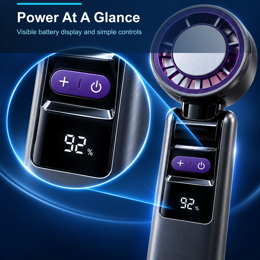 handheld cooling fan five speed LED display detail
