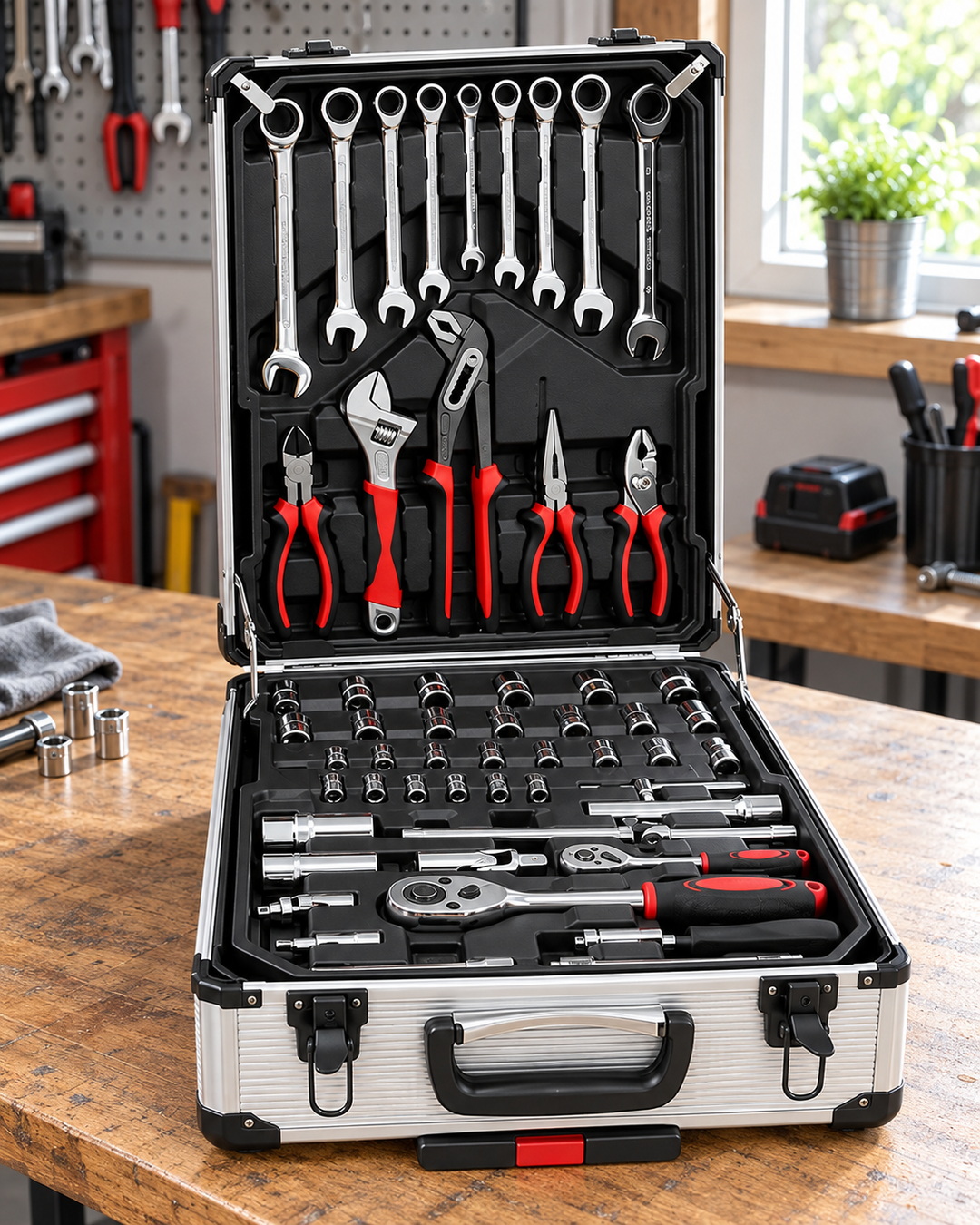 mechanics tool kit organized tray layout with correct front handle latches ribbed aluminum case wall and red release detail