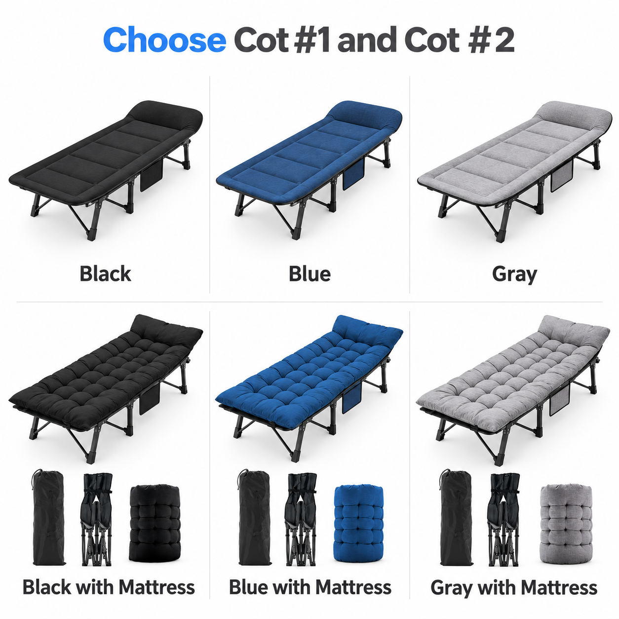 six camping cot choices Black Blue Gray and with Mattress options