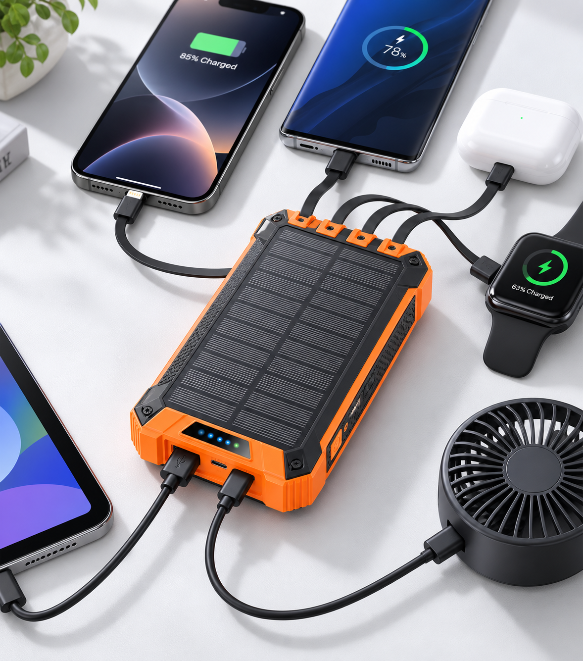 W22 solar power bank charging multiple devices with built in cables and ports
