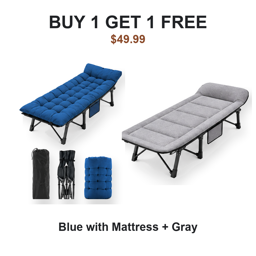 Buy one get one free camping cot pair: Cot #1 Blue with Mattress, Cot #2 Gray