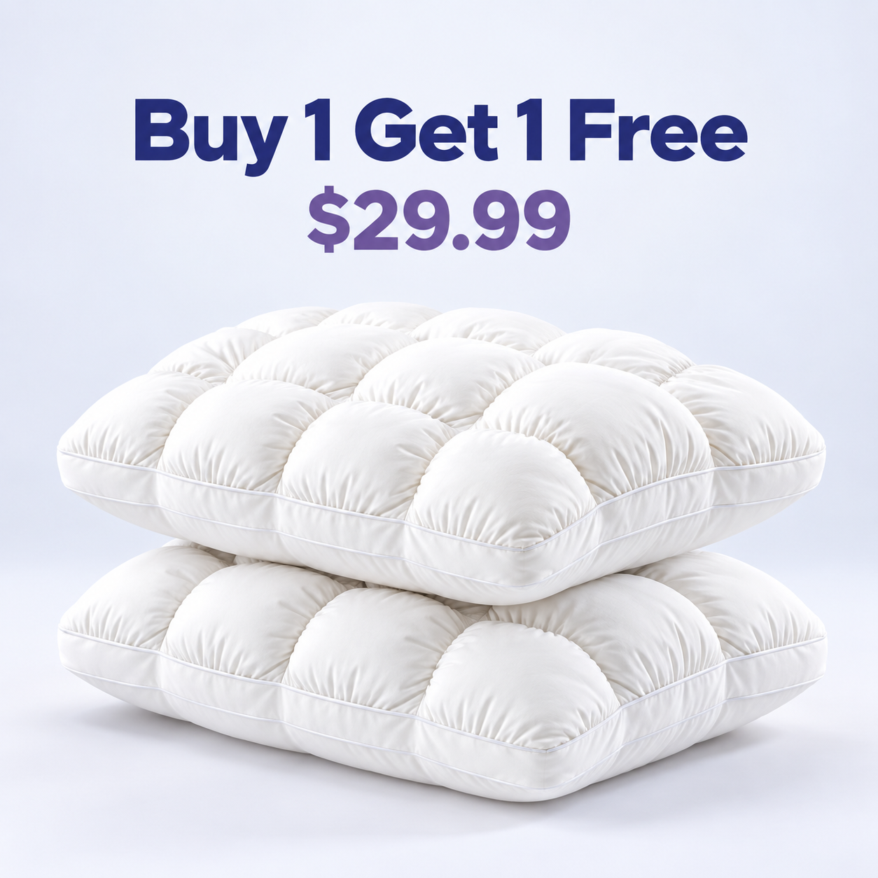 two white puff grid pillows in a buy one get one free offer for 29.99 USD