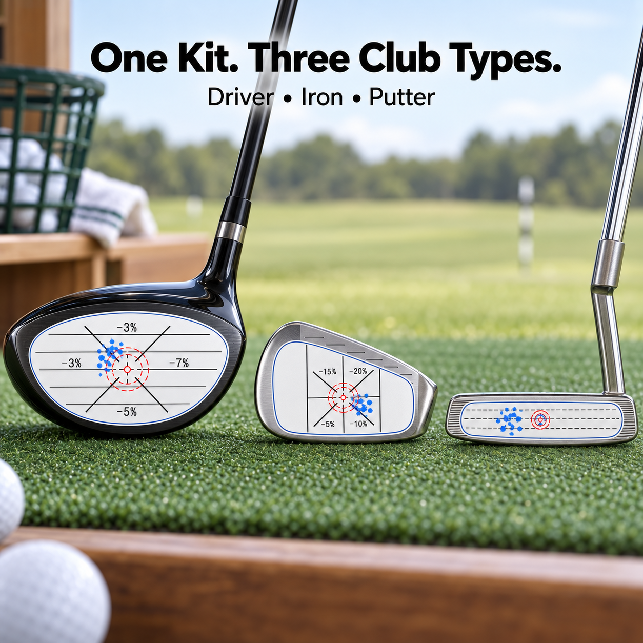 driver iron and putter with their correctly matched impact label shapes