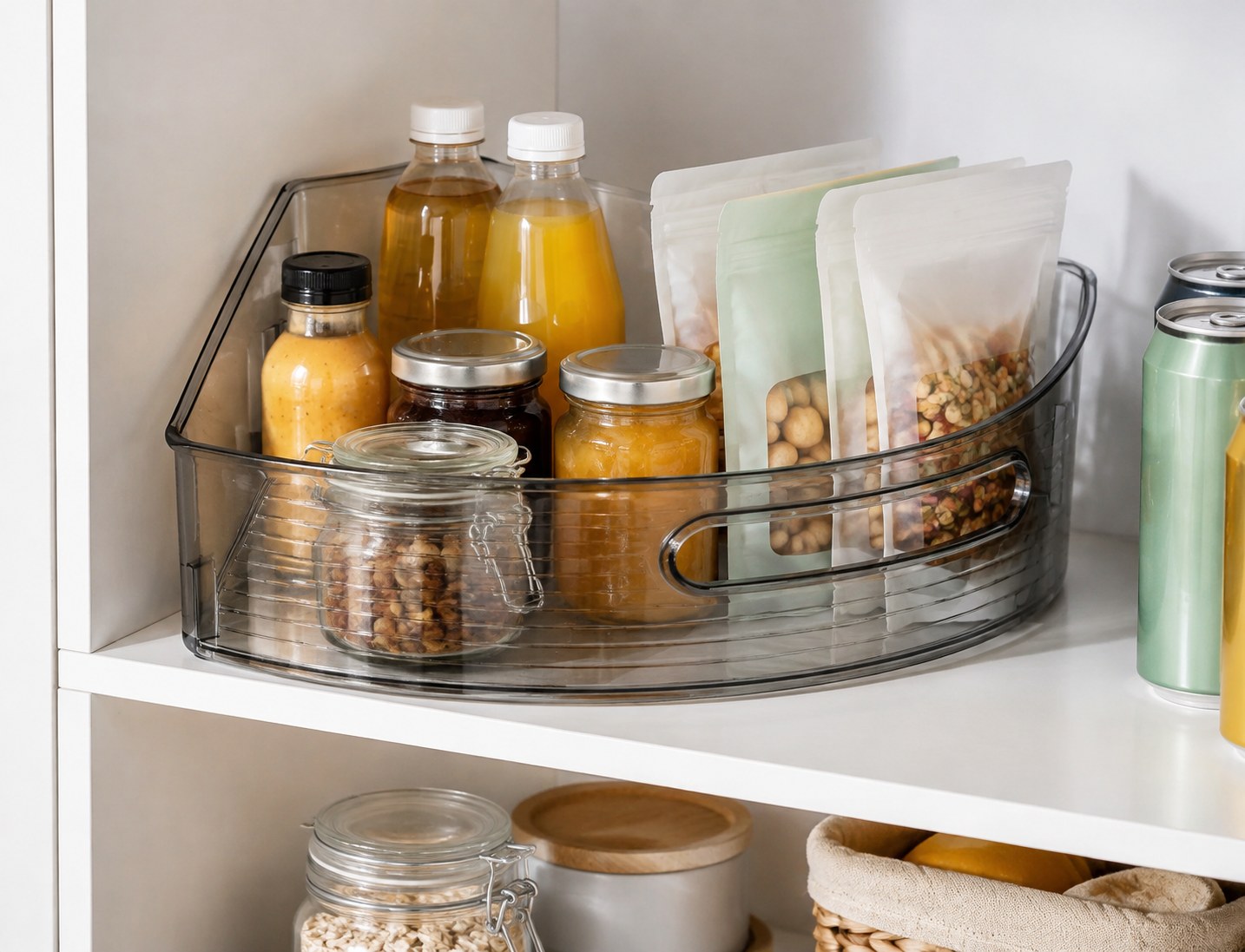 Curved Lazy Susan storage bin organized in a pantry cabinet