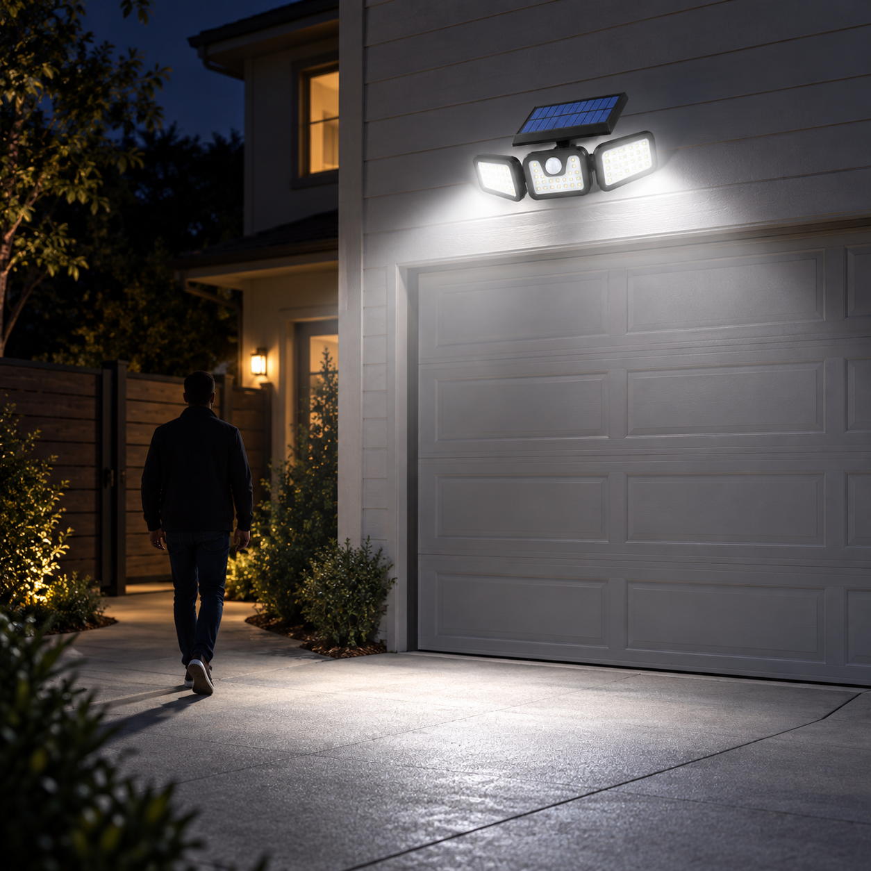 solar wall light illuminating driveway for motion sensing
