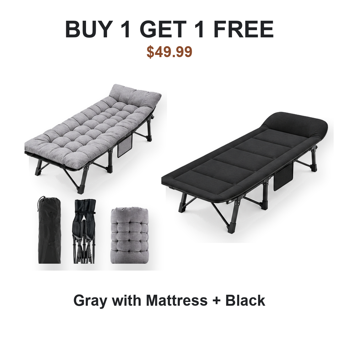 Buy one get one free camping cot pair: Cot #1 Gray with Mattress, Cot #2 Black