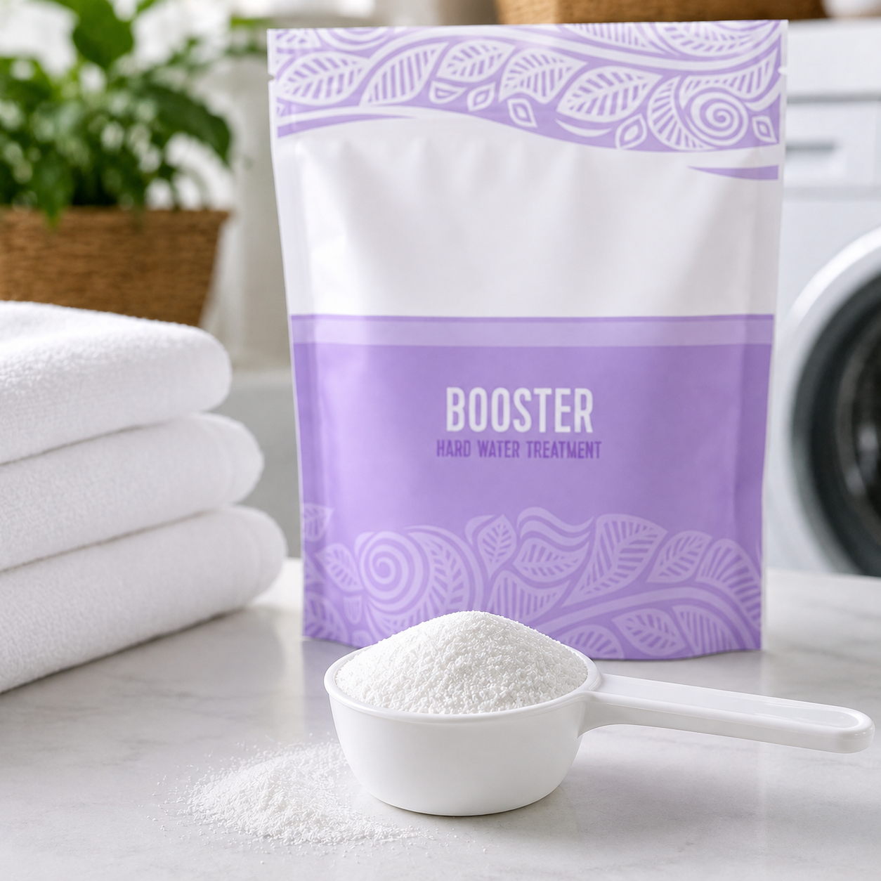 fine white laundry booster powder in measuring scoop