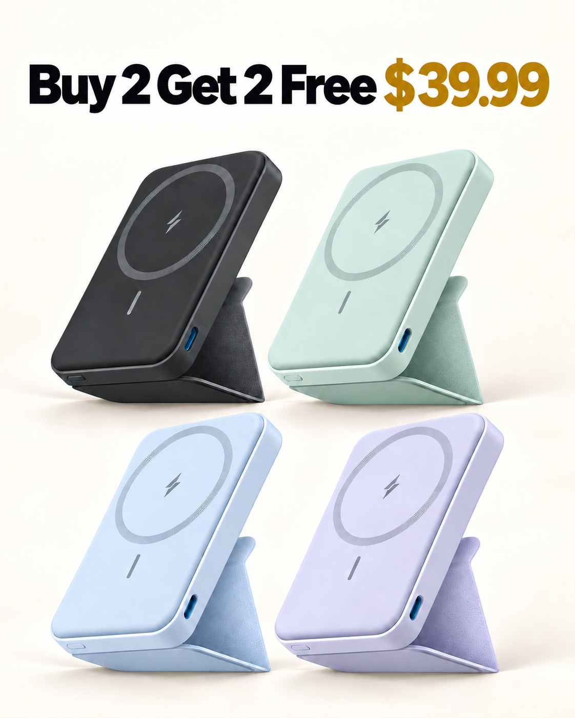 Buy 2 Get 2 Free magnetic power banks Gray Green Powder Blue and Lavender 39.99 USD