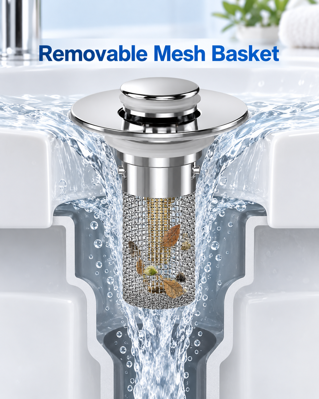 removable mesh basket catches small debris in sink drain