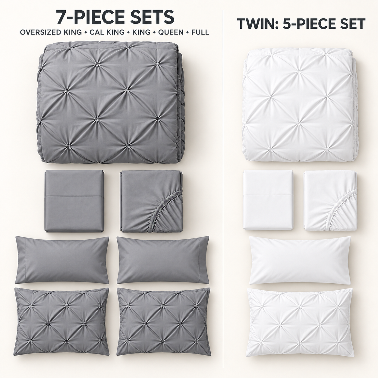 five piece Twin and seven piece larger pintuck bedding set contents