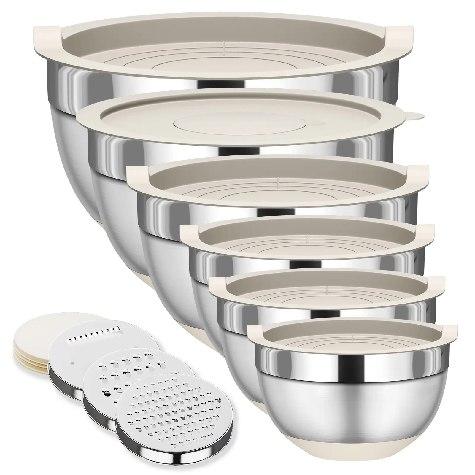 stainless steel mixing bowl set with khaki lids and three grater attachments