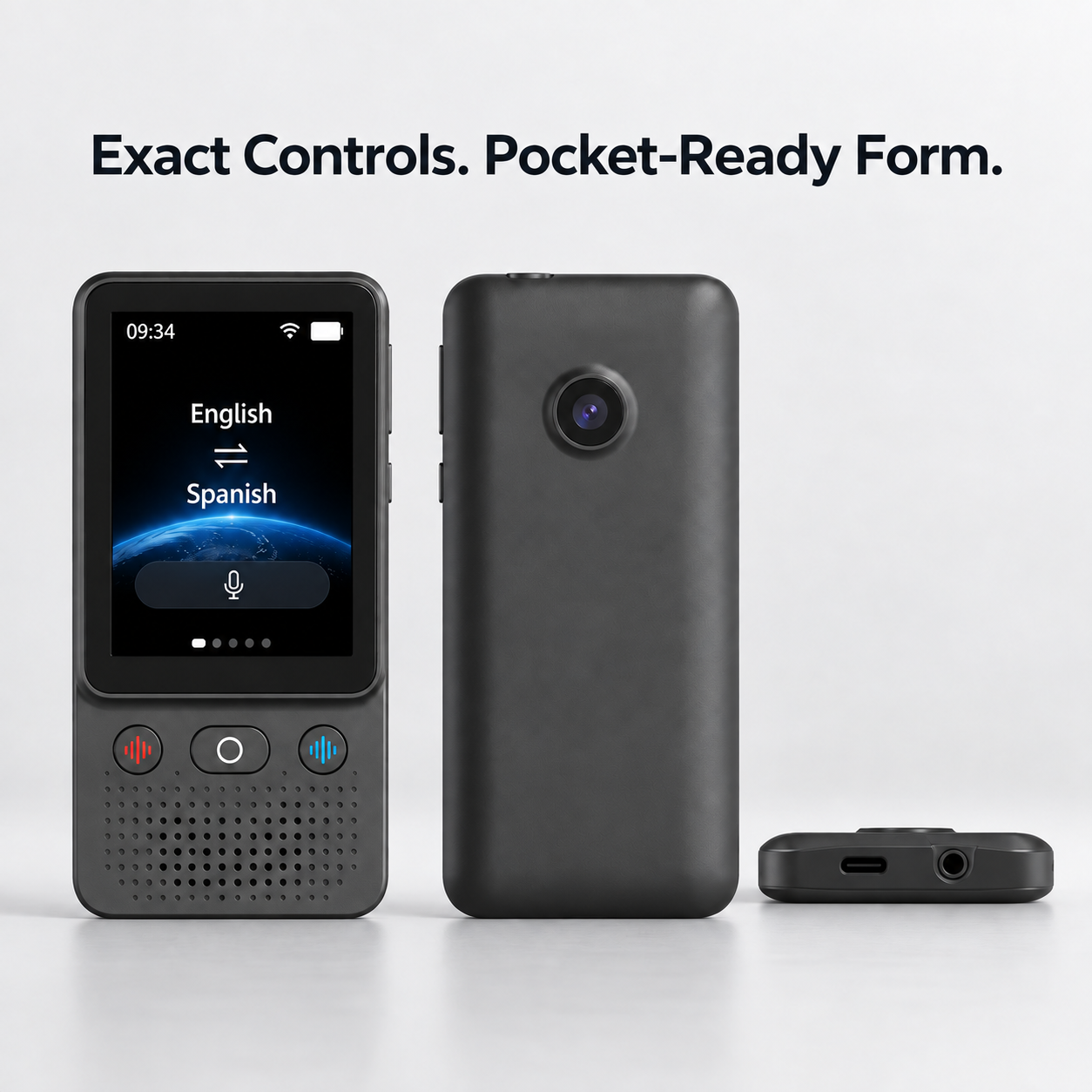 front back and bottom views of black touchscreen translator with three controls and rear camera