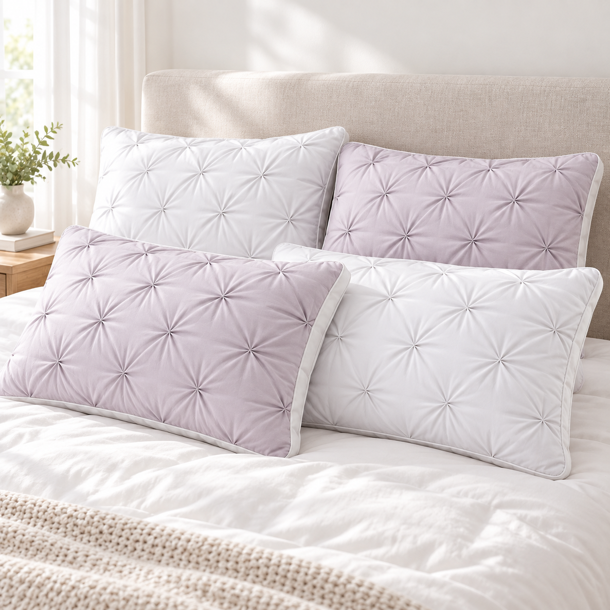 natural SKU scene for 4 pillow bundle White x2 + Lavender x2