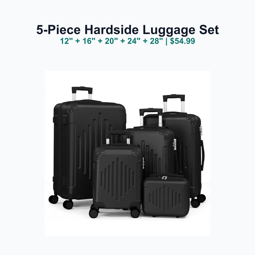 five piece black hardside luggage set with nested suitcases