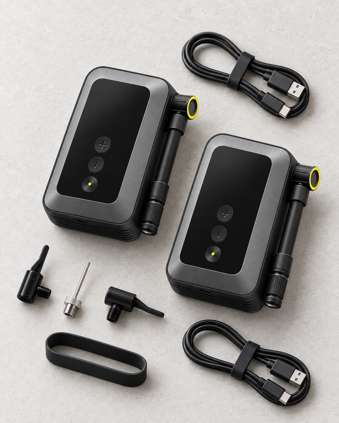 2-Pack mini tire pumps with charging cables and valve adapters