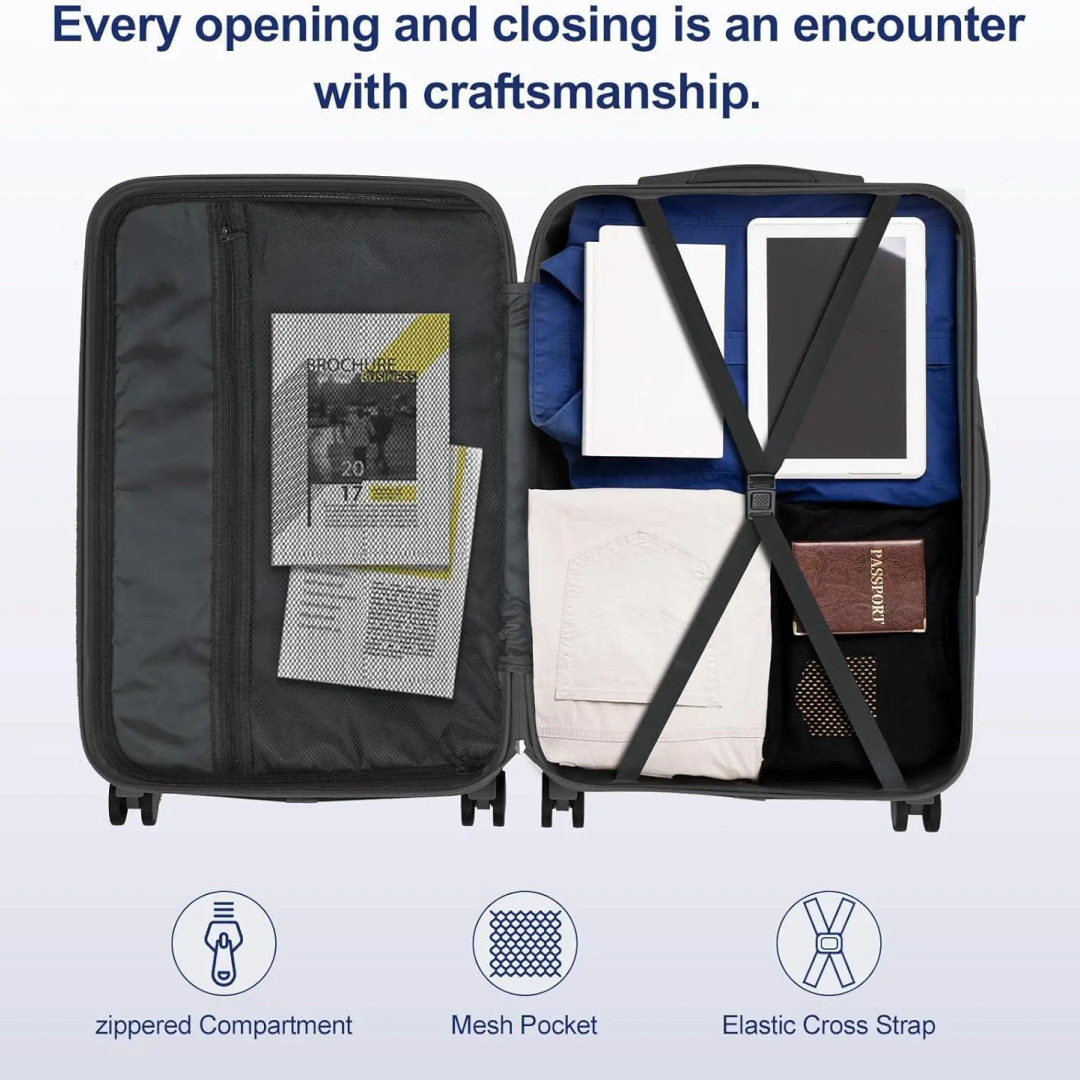 luggage interior with divider pocket and elastic cross straps