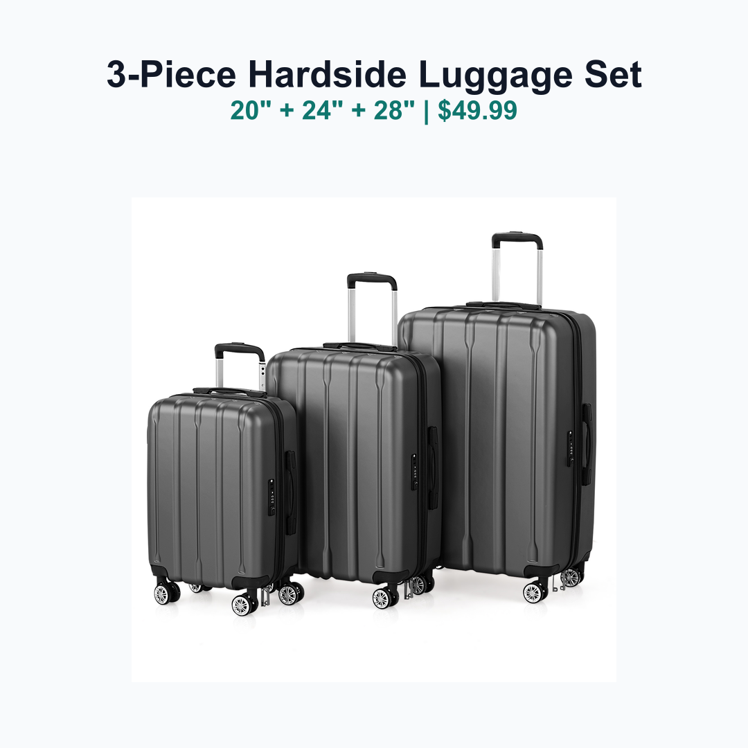 three piece hardside luggage set with 20 24 and 28 inch suitcases
