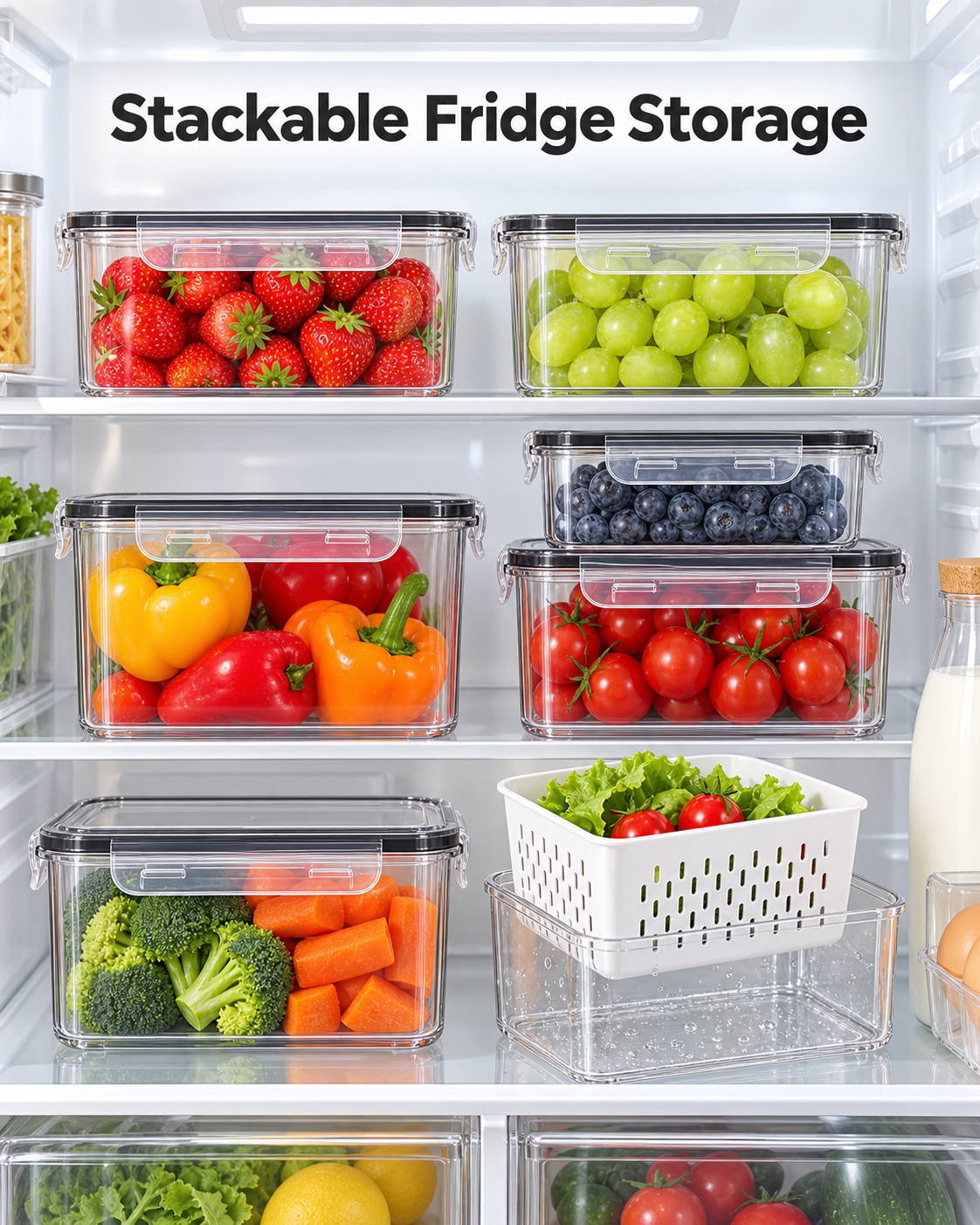 stackable clear fridge organizer containers with produce on refrigerator shelves