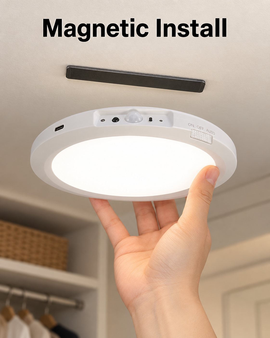 thin round rechargeable motion sensor ceiling light being attached to a narrow rectangular magnetic plate